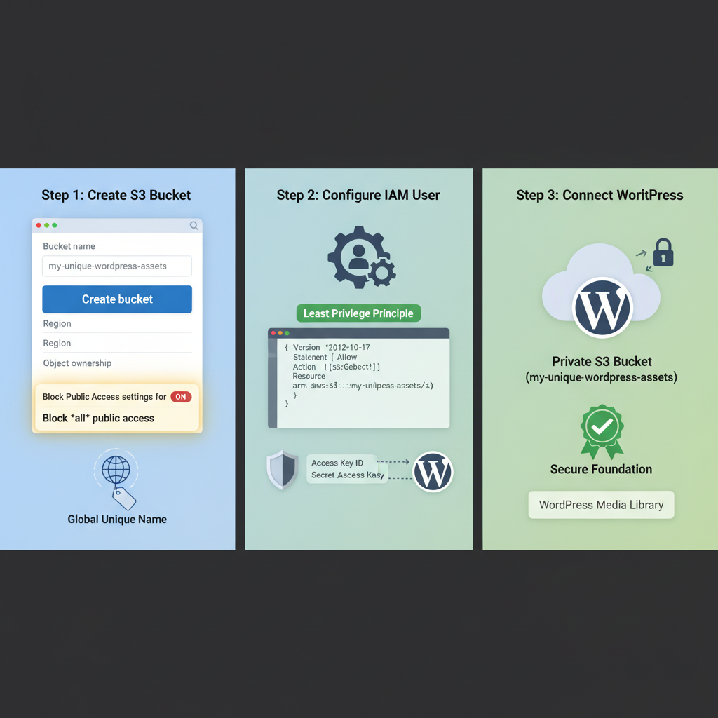 Step-by-step workflow for setting up private S3 bucket, IAM user, and WordPress connection