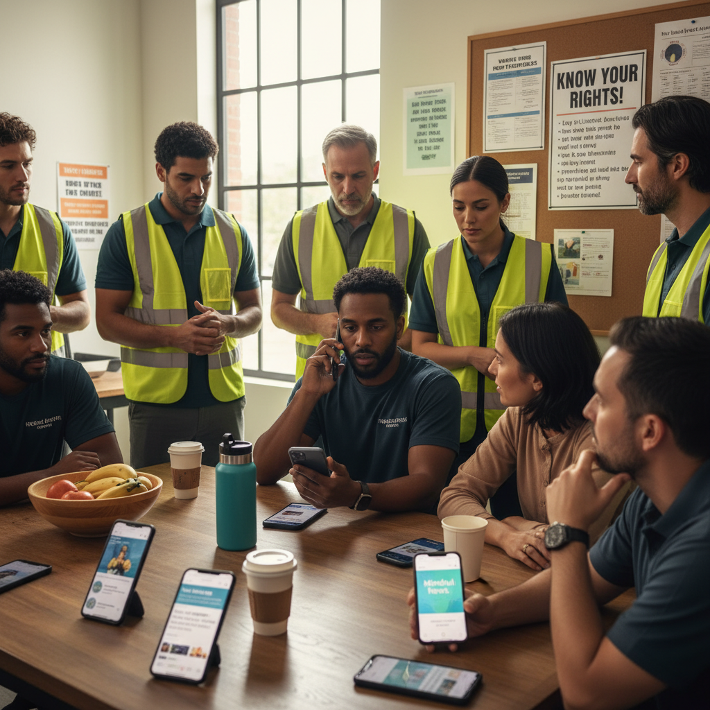 Warehouse workers in a break room discussing safety information and support resources