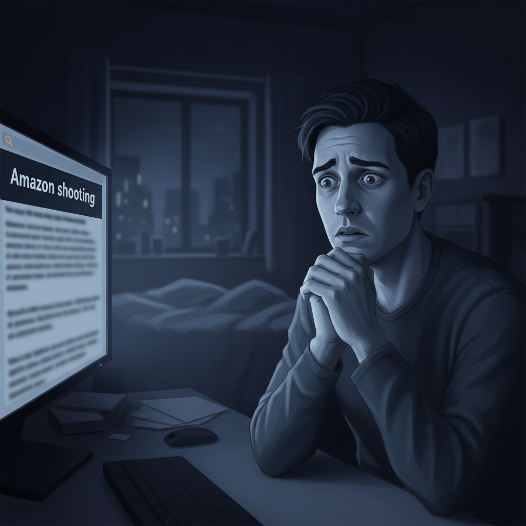 Anxious person at night searching for Amazon shooting news on a laptop