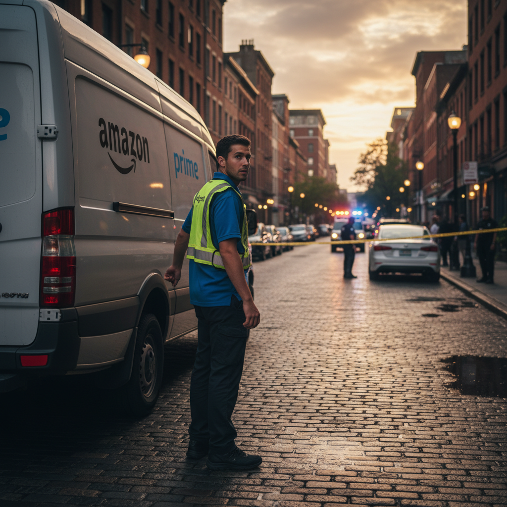 Amazon delivery driver on a city street near distant emergency lights and police tape