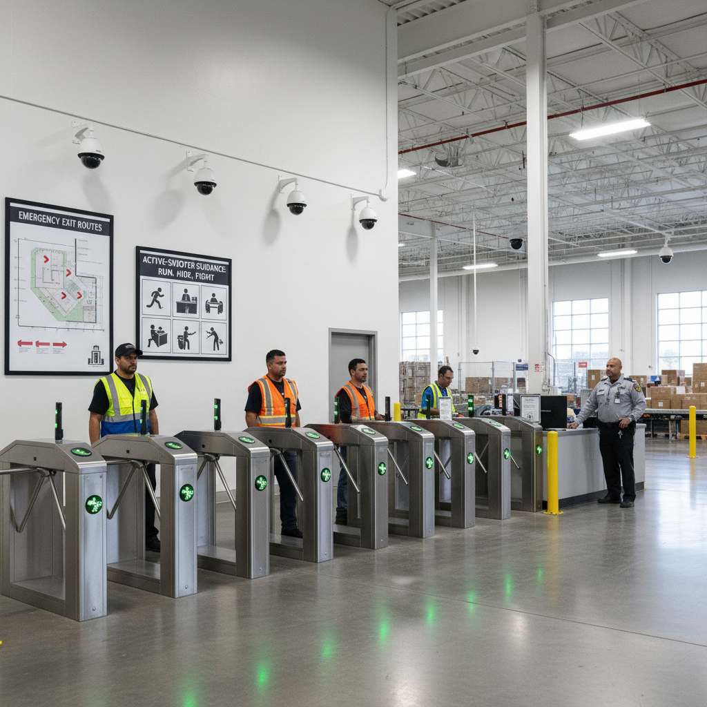 Amazon warehouse entrance with badge-controlled turnstiles and visible security measures