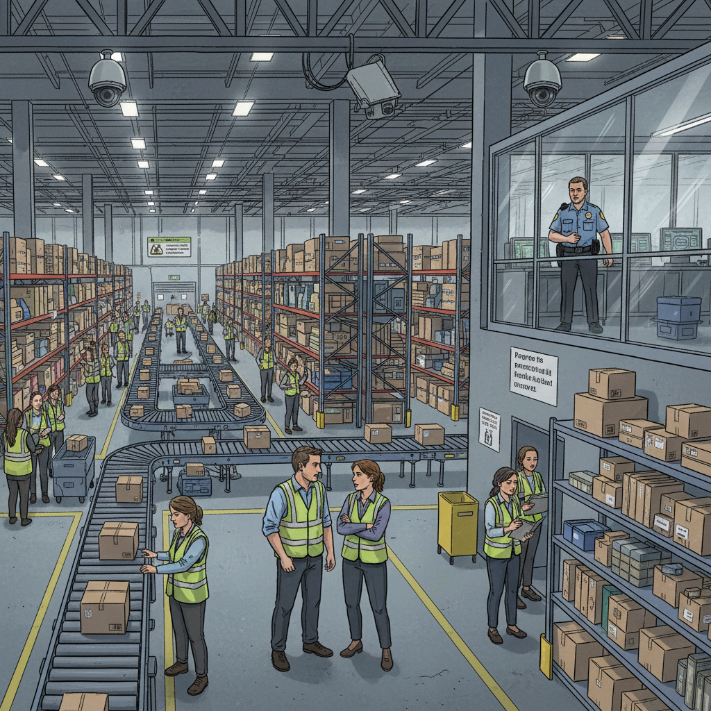Interior of an Amazon-style warehouse floor with workers, conveyor belts, and visible security