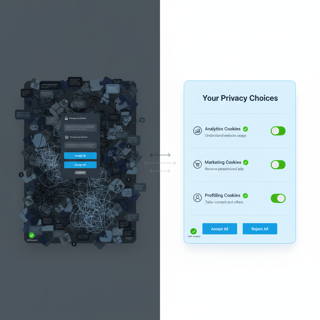 Concept visualization contrasting opaque dark-pattern consent with clear GDPR-compliant consent design