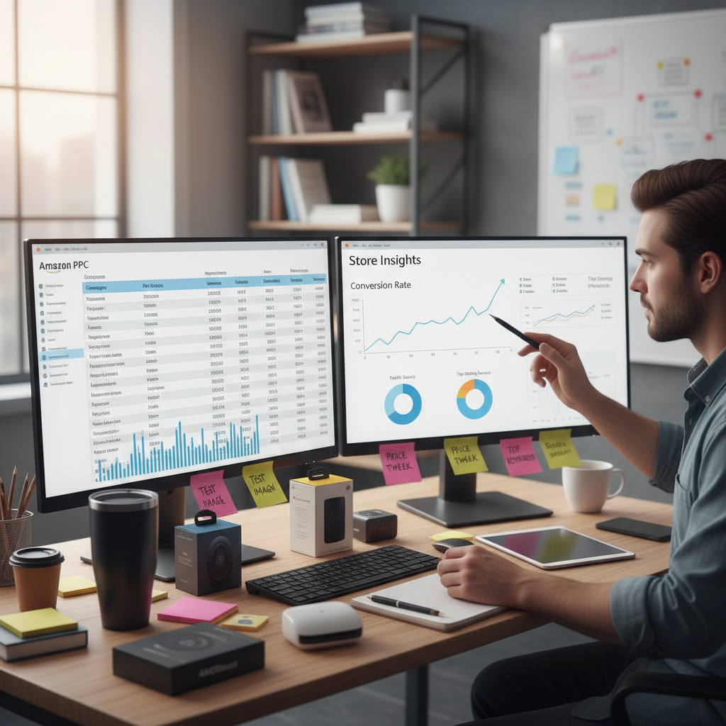 High-converting Amazon product listing shown on a laptop with camera gear nearby
