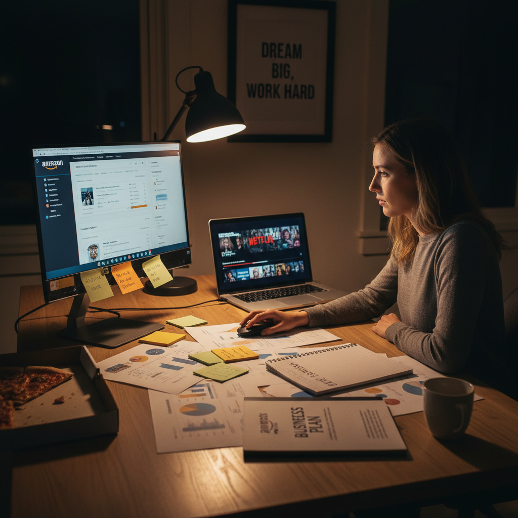 Entrepreneur choosing between Netflix and building an Amazon store, laptop open with Amazon Seller Central