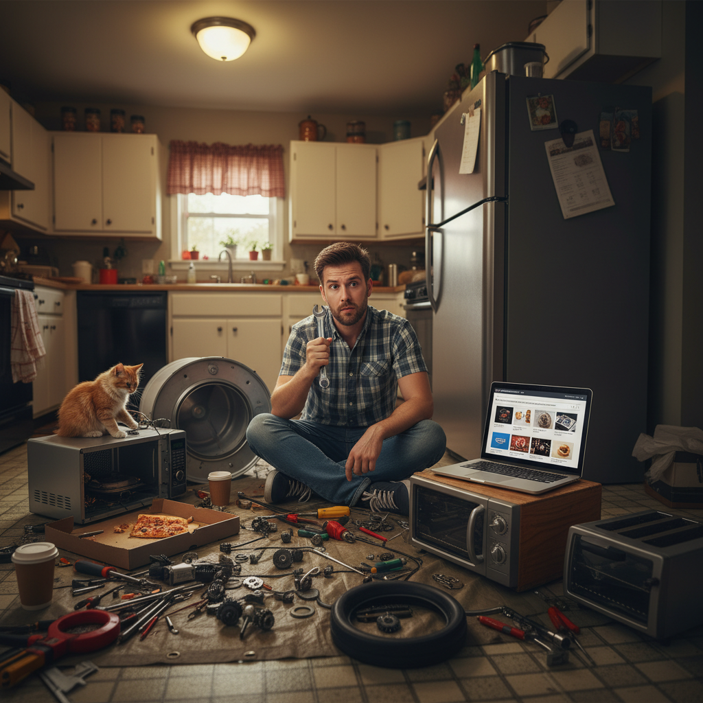 Frustrated DIYer on kitchen floor surrounded by scattered appliance parts while searching Amazon for replacement parts
