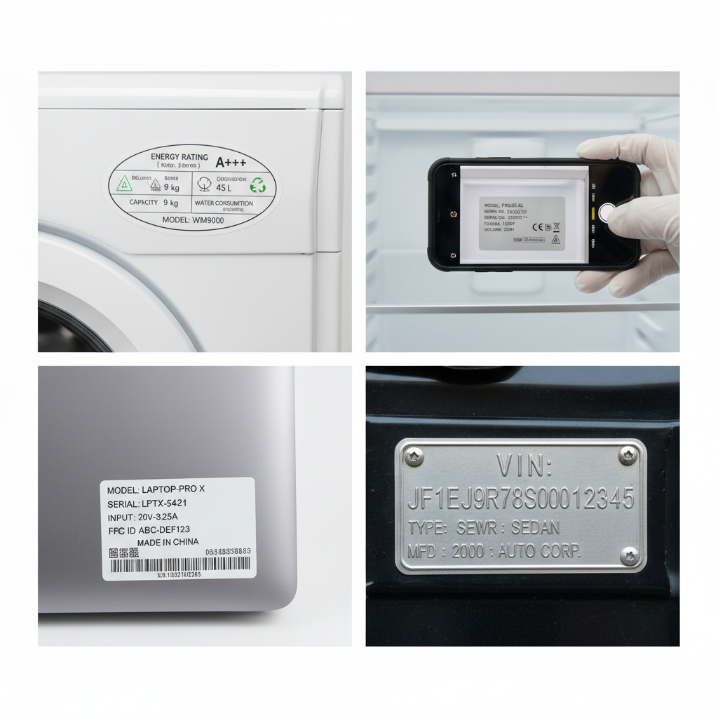 Close-up collage of product labels and model numbers on appliances and electronics being photographed