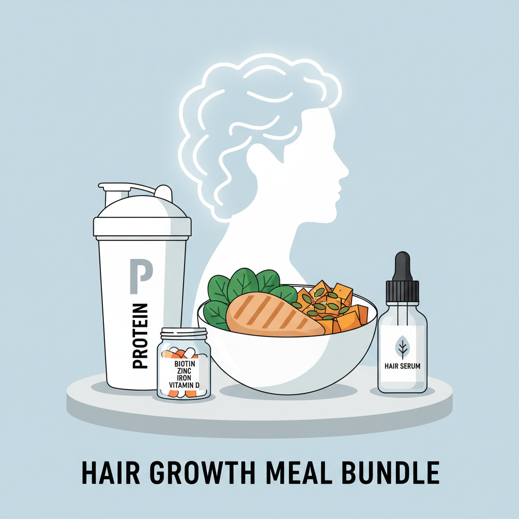 Illustration eines Mahlzeitpakets mit Proteinshake, Vitaminen und Haarserum für Haarwachstum