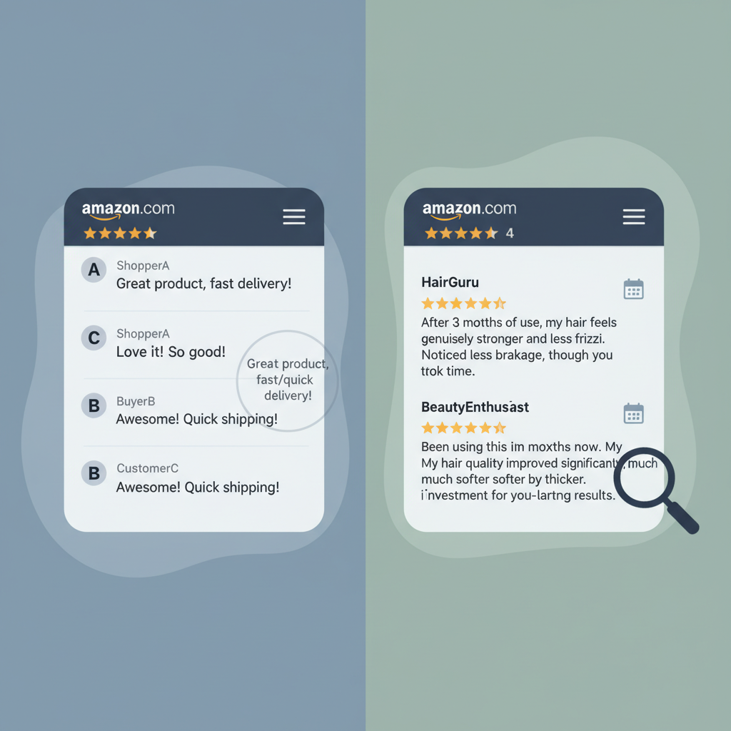 Gegenüberstellung von oberflächlichen und tiefgehenden Amazon-Bewertungen zu Haarwachstumsprodukten