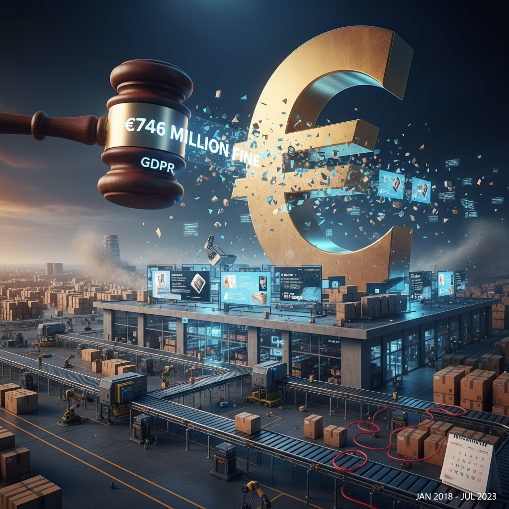 Dramatic visualization of a massive GDPR fine overshadowing an Amazon-like facility