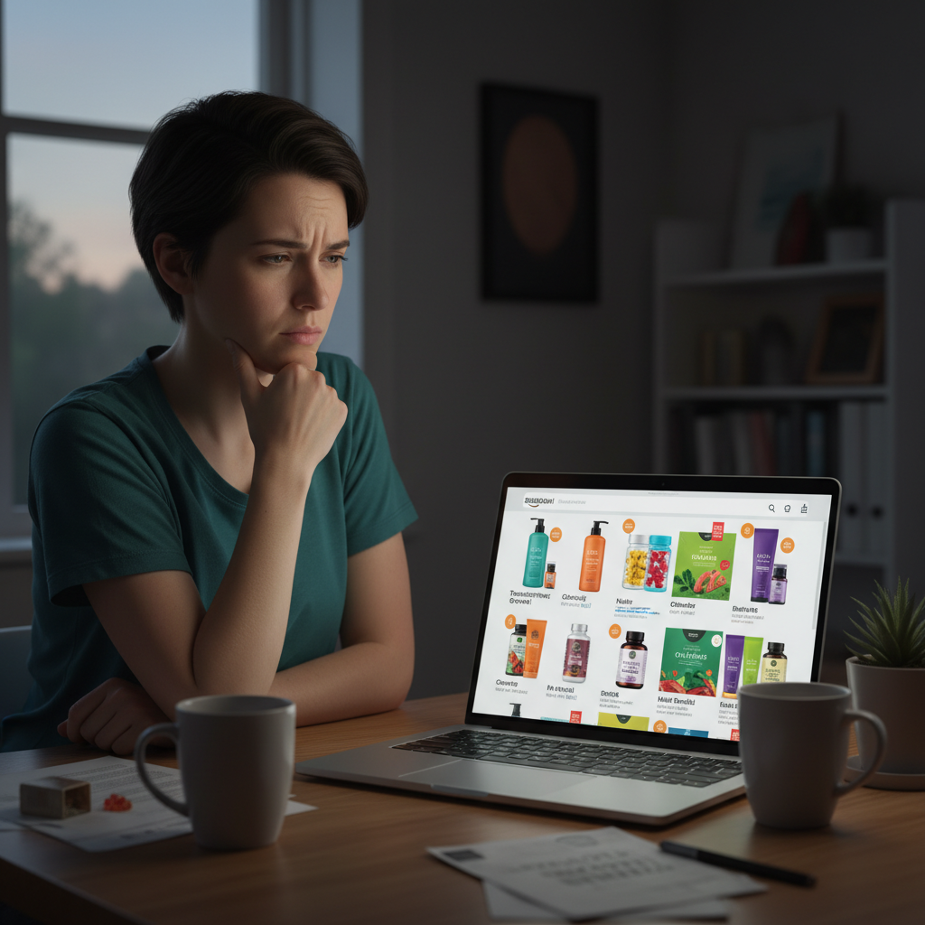 Person, die skeptisch eine Amazon-Seite mit Haarwachstums-Produkten betrachtet