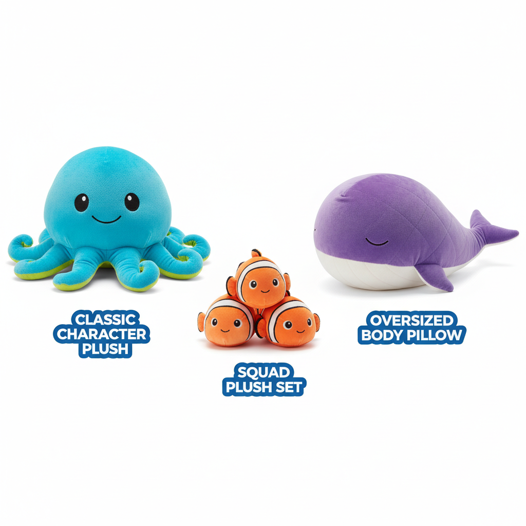 Product-style layout of different undersea cartoon-inspired plush types