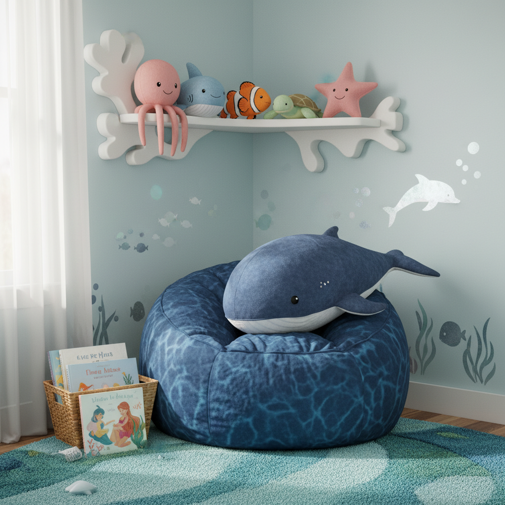 Kids’ room with undersea plush buddies on shelves and a jumbo reading buddy