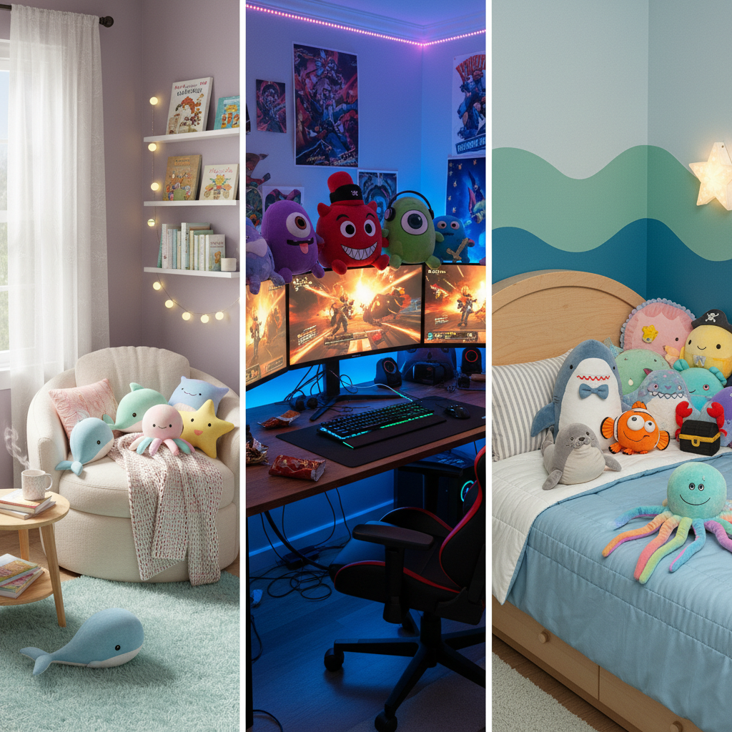 Comparison of cozy reading corner, gaming setup, and kid’s room with undersea plush decor