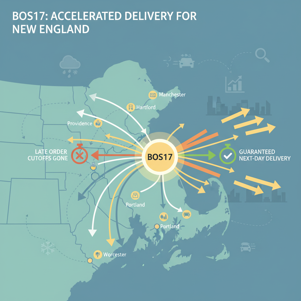 New England map infographic showing BOS17 as a hub improving delivery speed and routing
