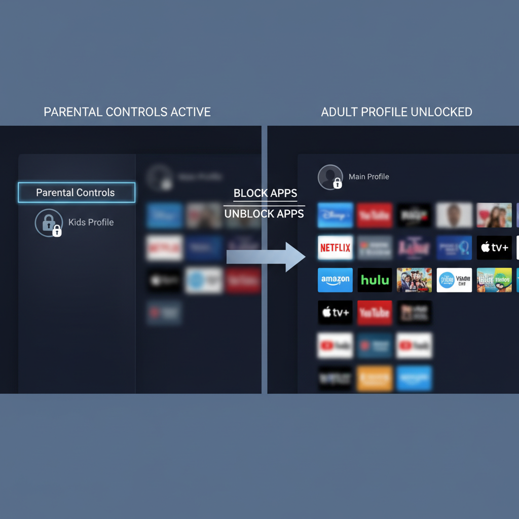Split screen Fire TV parental controls locked profile versus adult profile with all apps visible