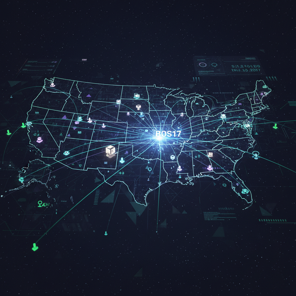 Conceptual visualization of Amazon logistics network with BOS17 highlighted as a glowing node in New England