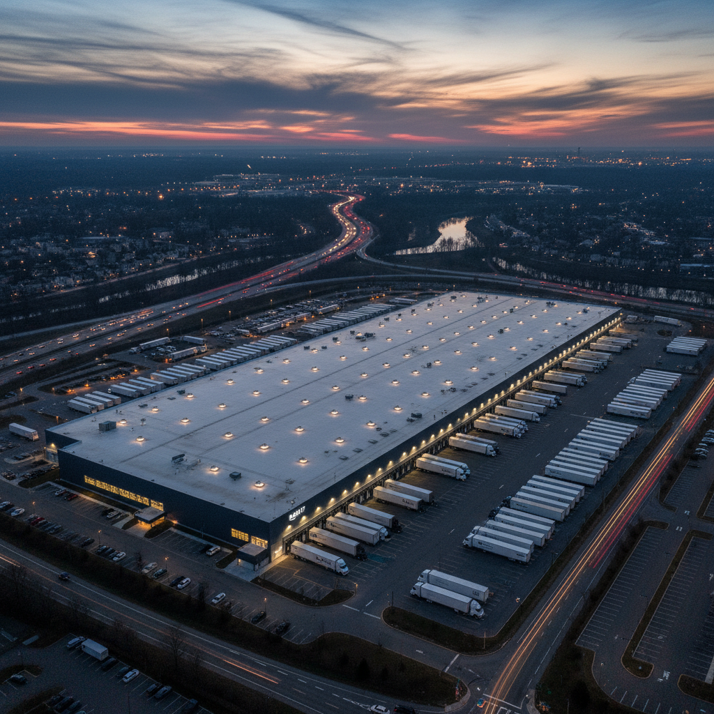 Aerial view of Amazon BOS17 sort center in New England at dusk with trailers and glowing warehouse lights
