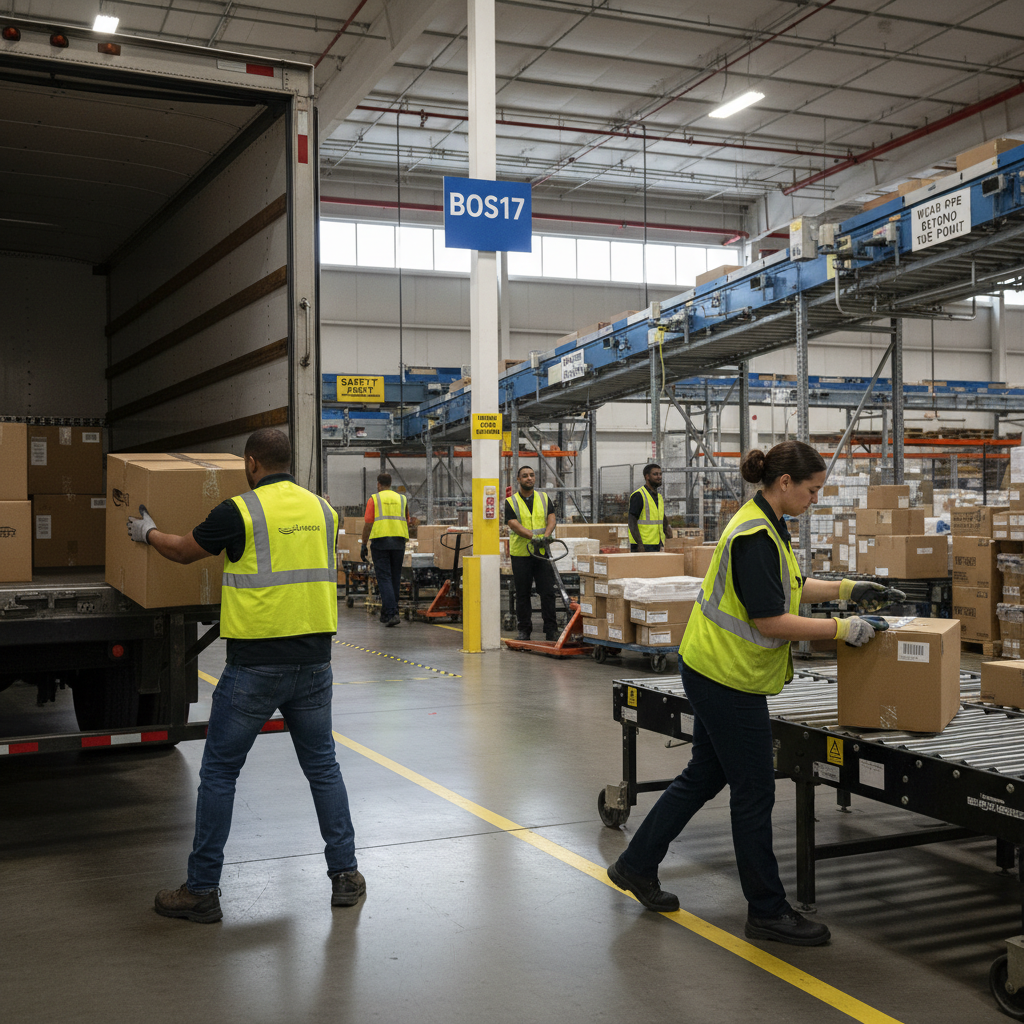 Ground-level interior view of Amazon BOS17 with warehouse associates loading, scanning, and moving packages