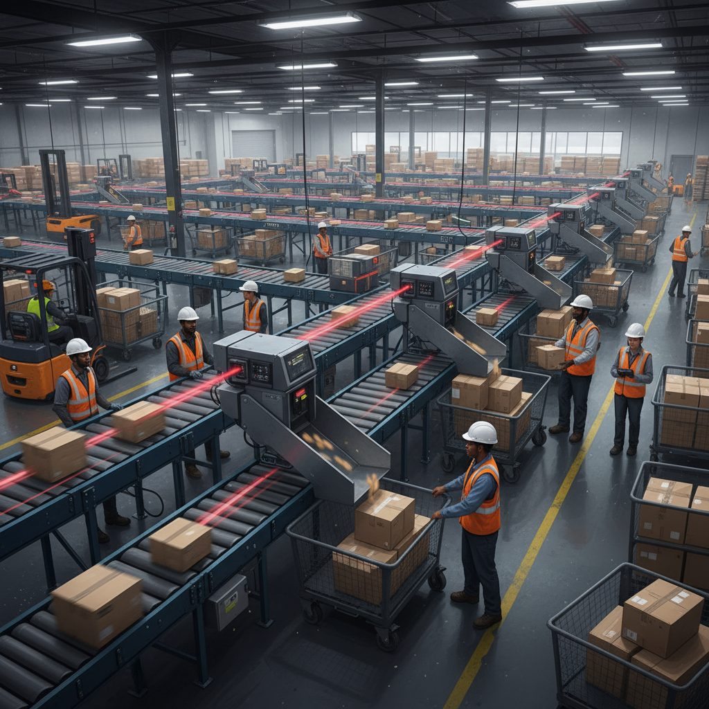 Interior of Amazon BOS17 sort center with conveyors, scanners, and workers handling packages
