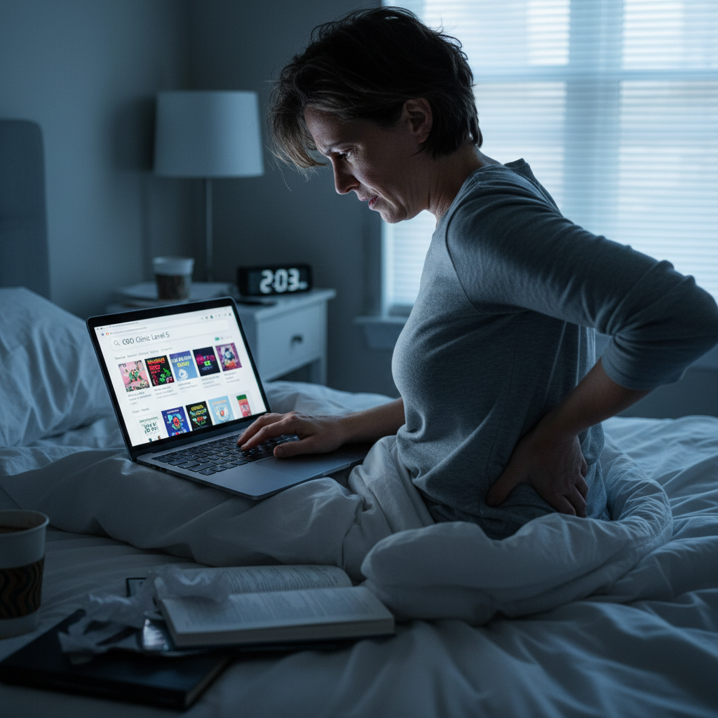 Person searching for CBD Clinic Level 5 on Amazon at night with back pain