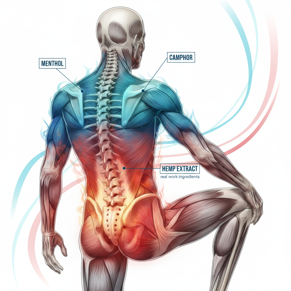 Medical illustration of muscles and joints with menthol and camphor cooling and warming zones