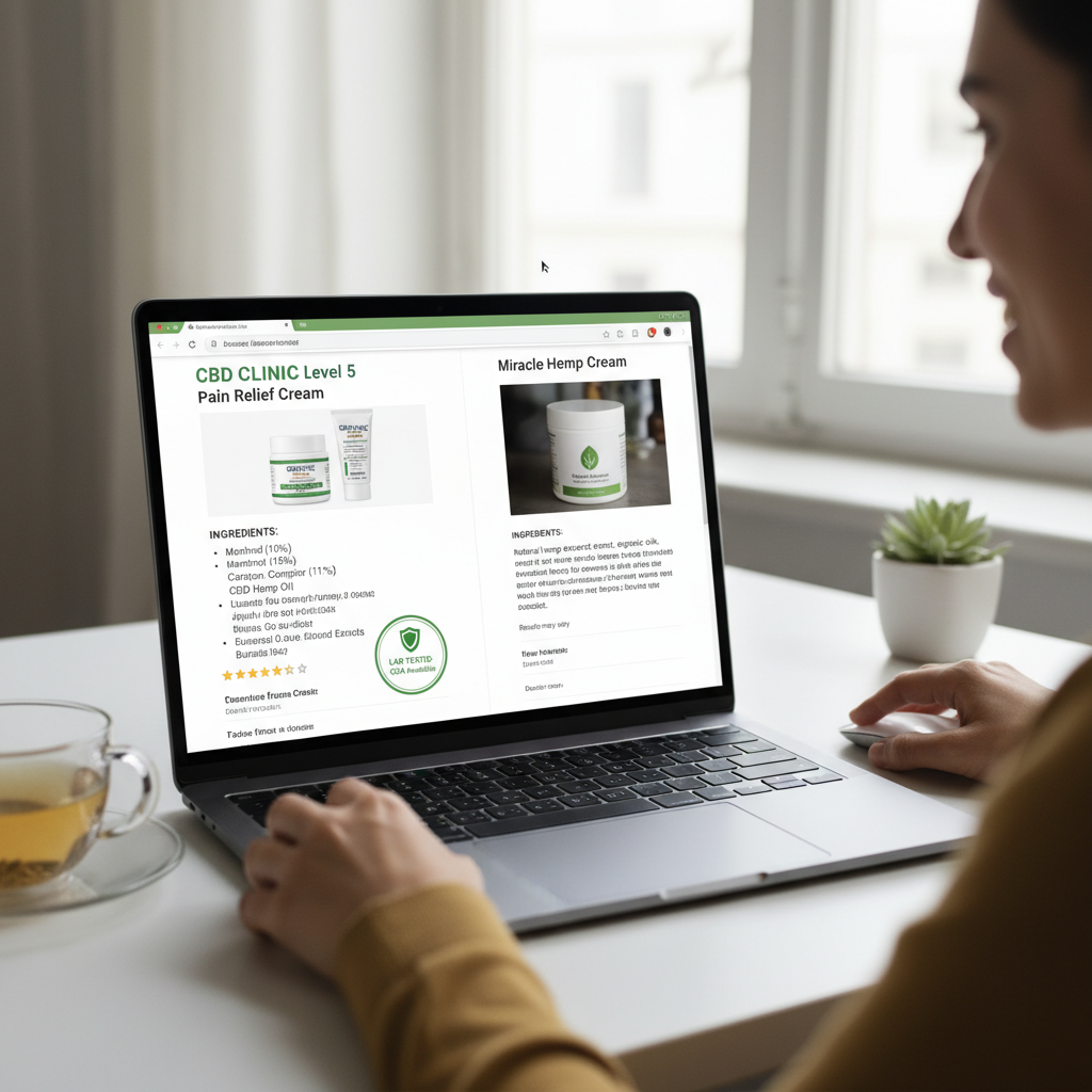 Online shopper comparing a professional CBD CLINIC Level 5 site with a vague hemp cream listing