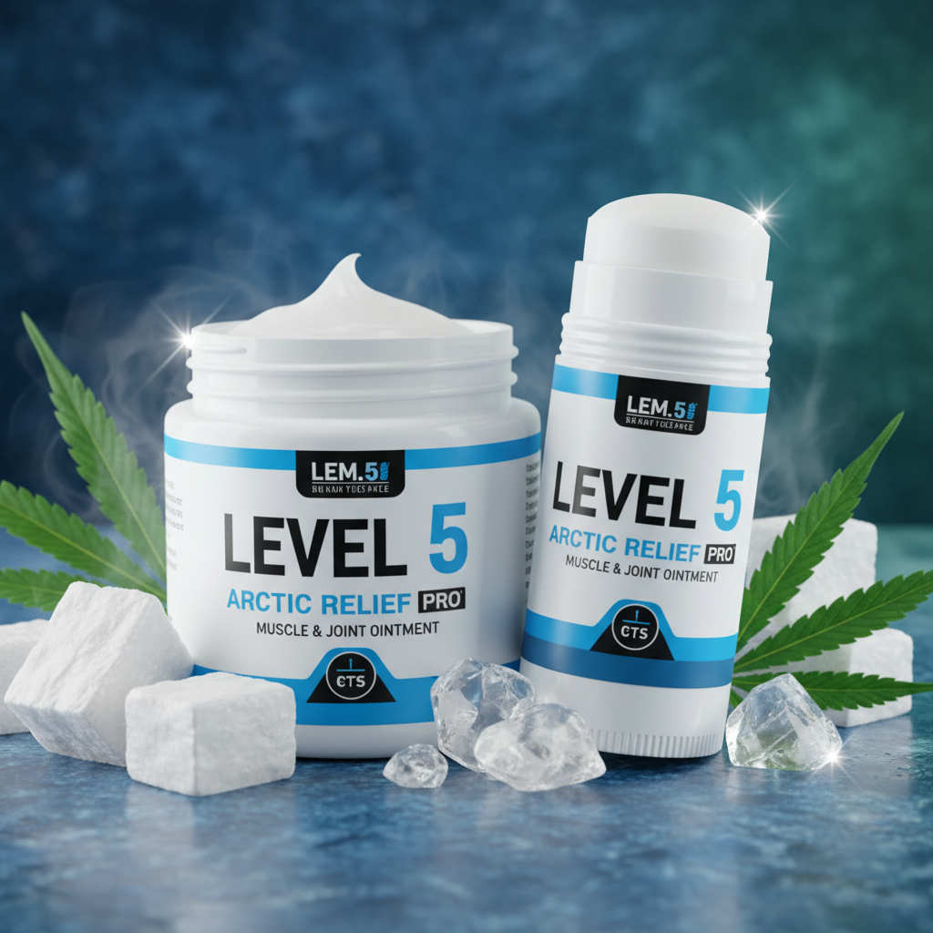 Professional-grade Level 5 sports ointment jar and stick with menthol, camphor, and hemp