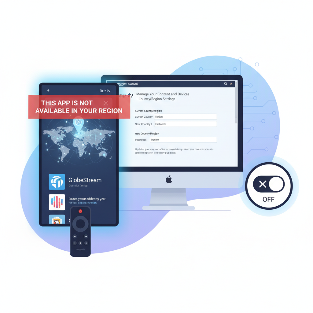 Fire TV region blocking message and Amazon account country region settings with VPN toggle