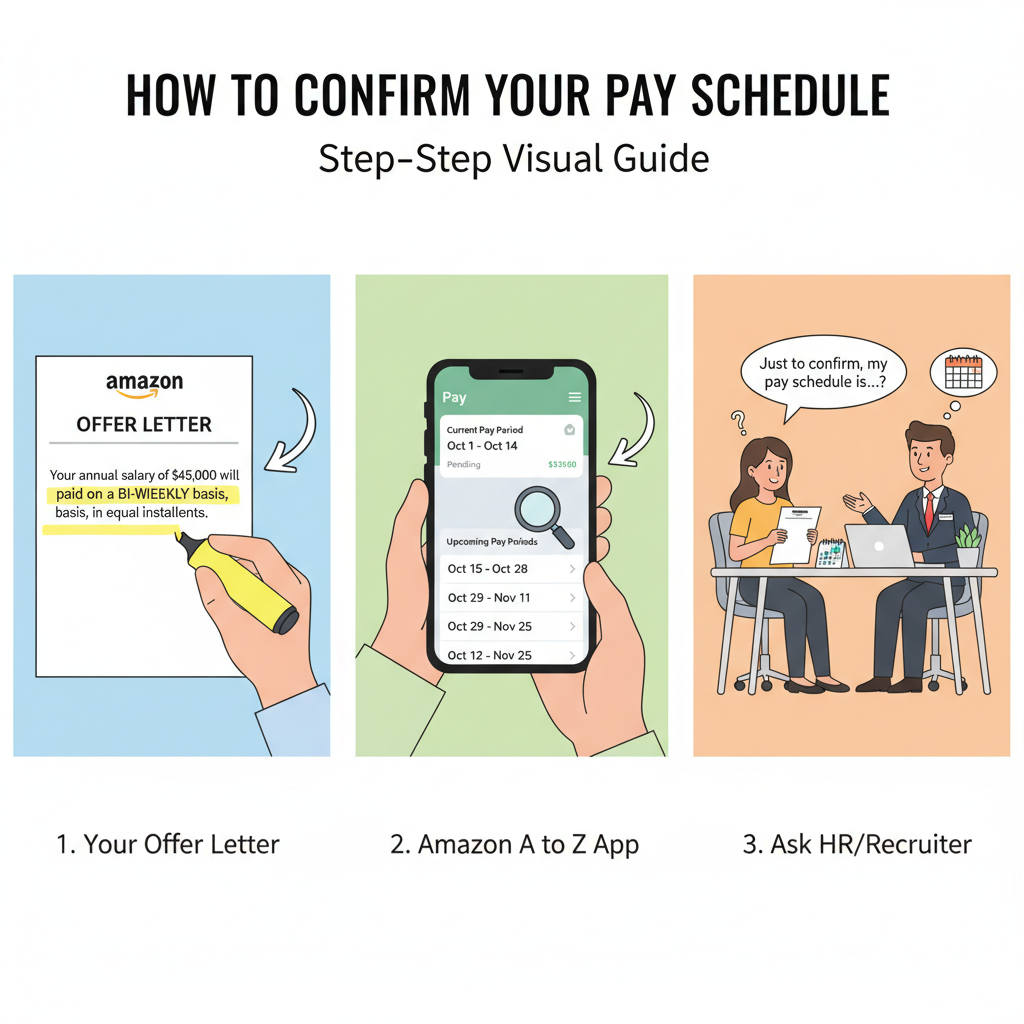 Step-by-step visual of confirming Amazon pay schedule via offer letter, A to Z app, and HR