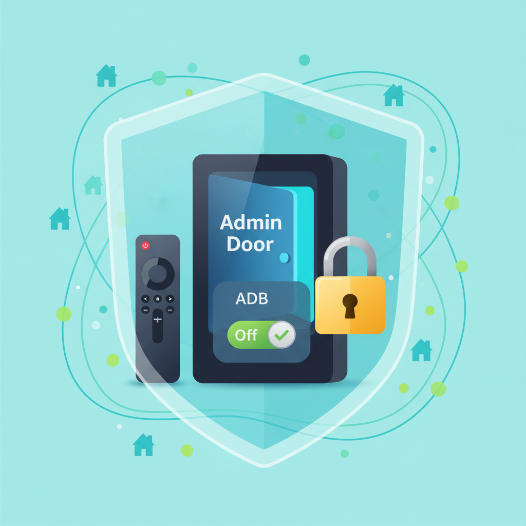 Security‑themed illustration of Fire TV inside a shield with an admin door representing ADB access