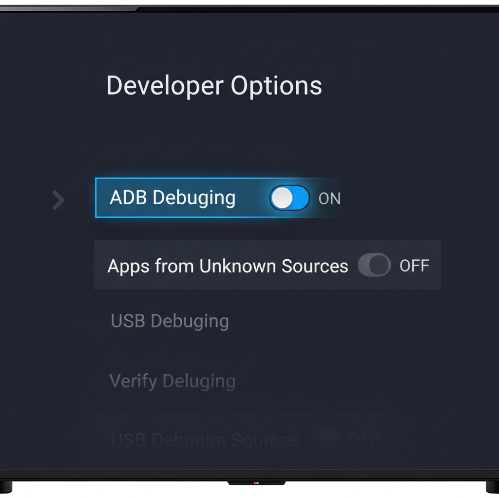 User-focused view of Fire TV Developer Options menu with ADB Debugging toggle visible