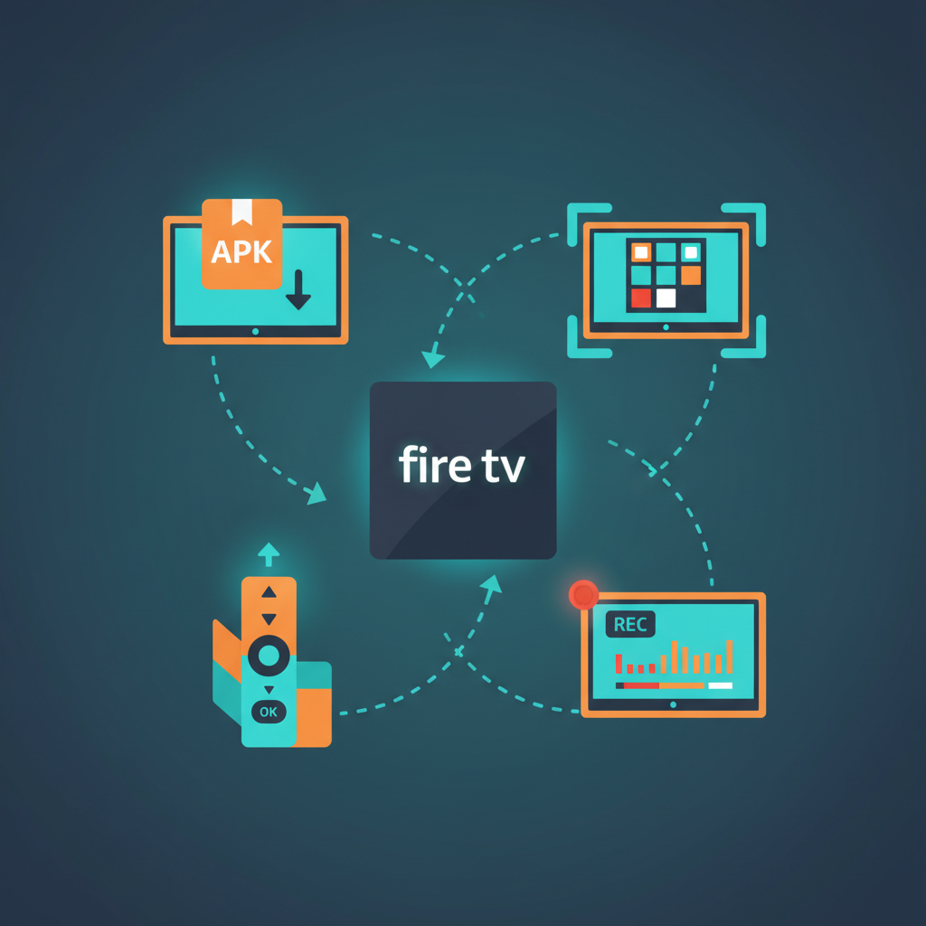 Montage of icons showing installing apps, screenshots, recordings, and remote input via ADB on Fire TV