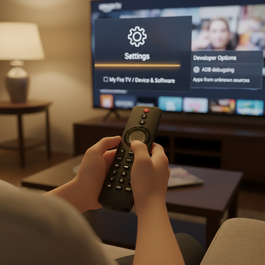Person navigating Amazon Fire TV settings with remote, highlighting Settings and Developer Options