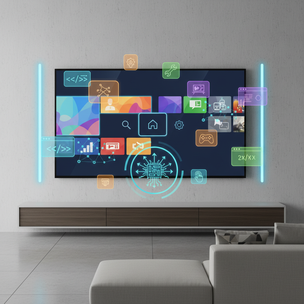 Illustration of Amazon Fire TV home screen with floating icons representing ADB debugging power features