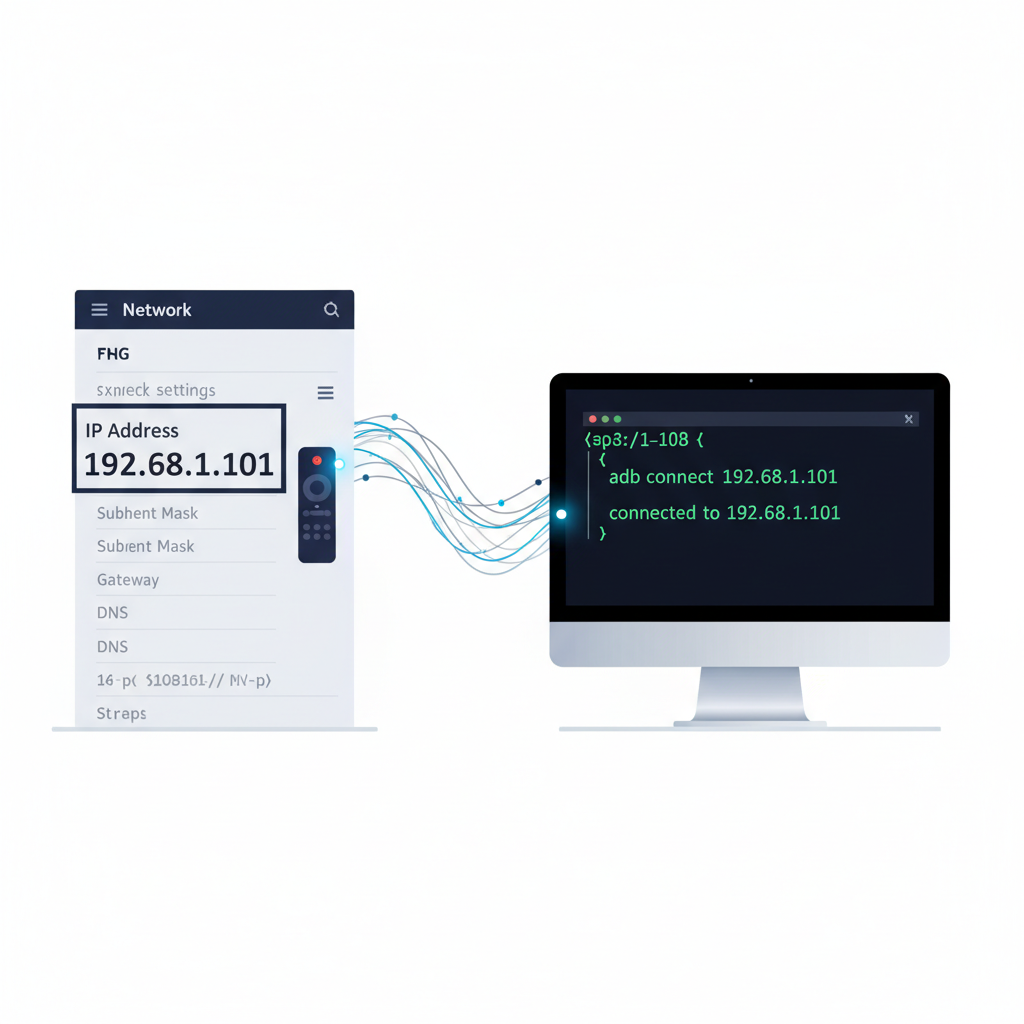 Split-screen view of Fire TV Network settings IP address and a computer terminal with adb connect command