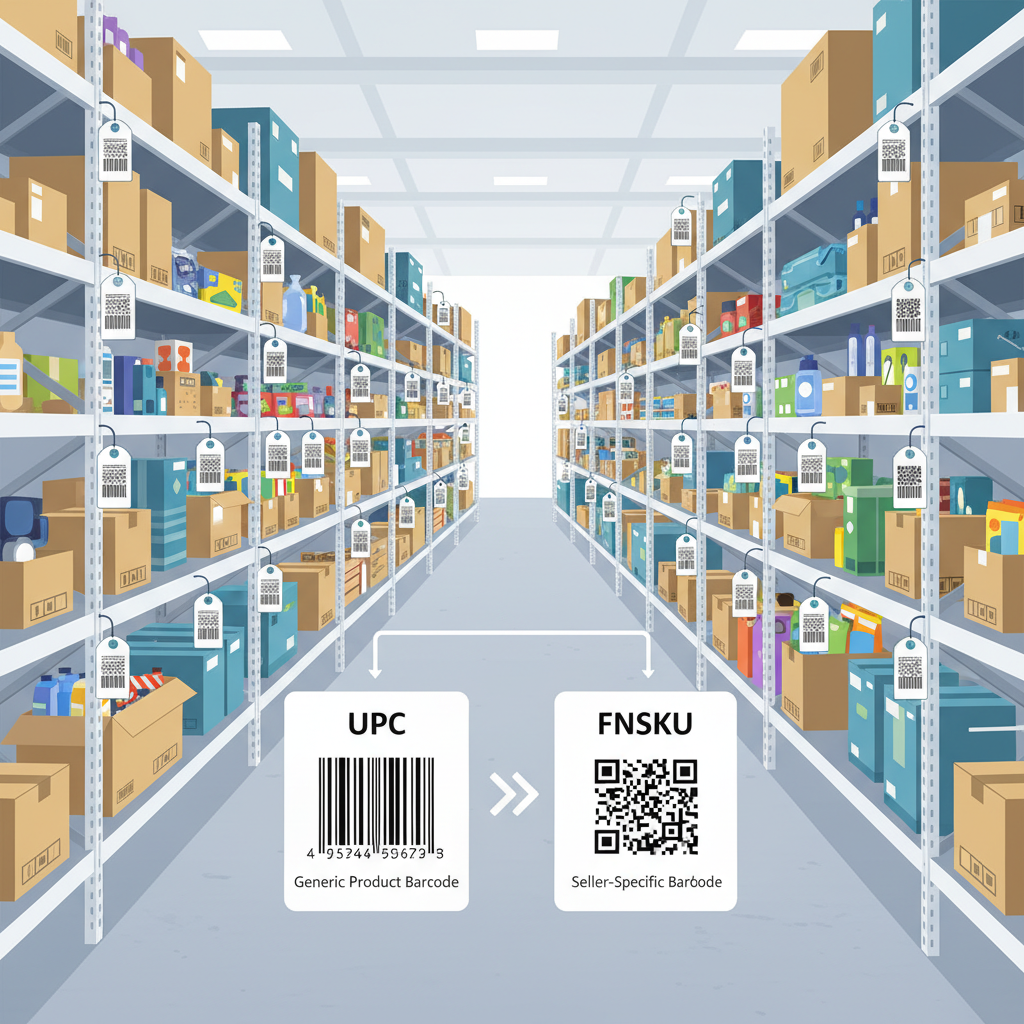 Illustrated Amazon FBA warehouse with products wearing FNSKU name-tag style barcodes and a simple UPC vs FNSKU comparison overlay