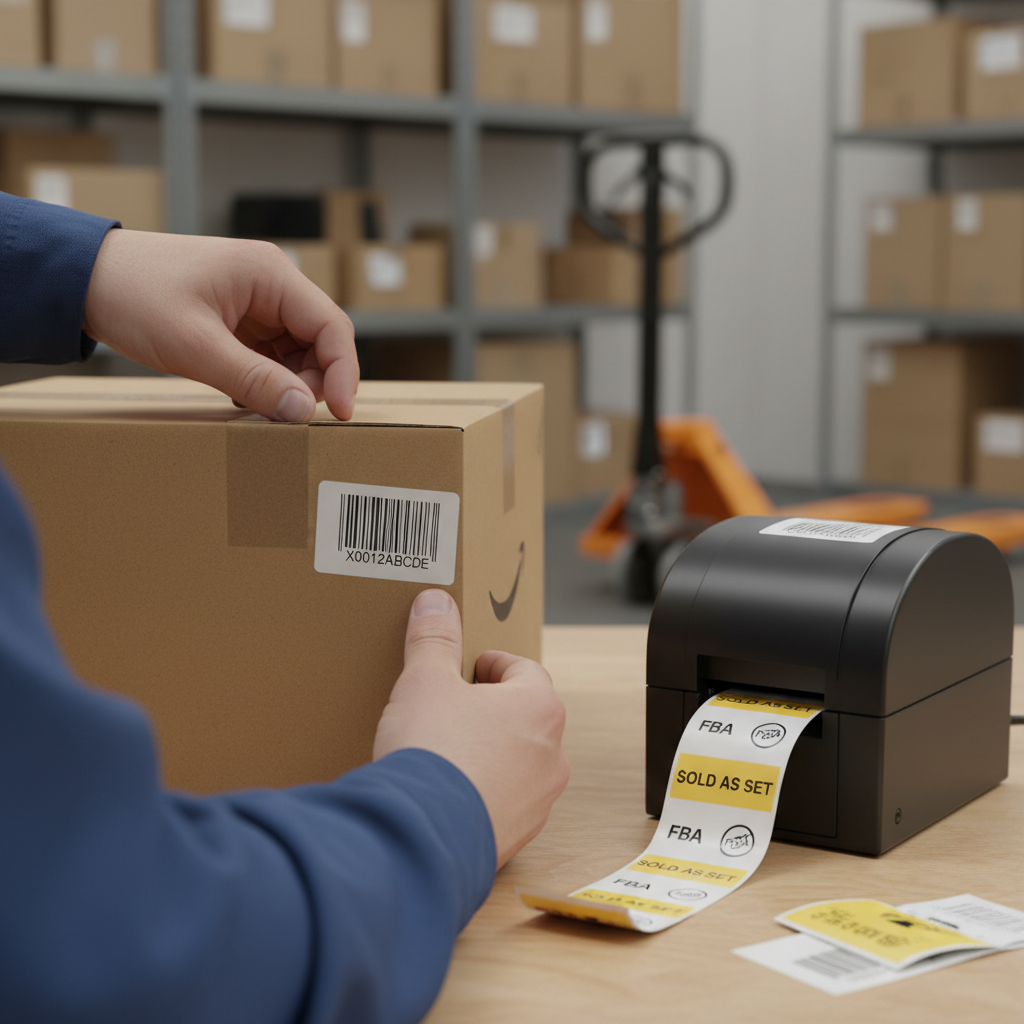 Realistic close-up of an FNSKU label being applied over a manufacturer barcode on product packaging