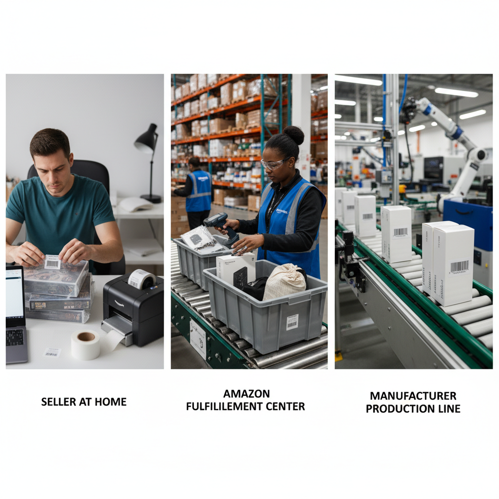 Montage of Amazon FBA labeling methods: seller at home, Amazon staff in warehouse, and manufacturer line with printed FNSKU