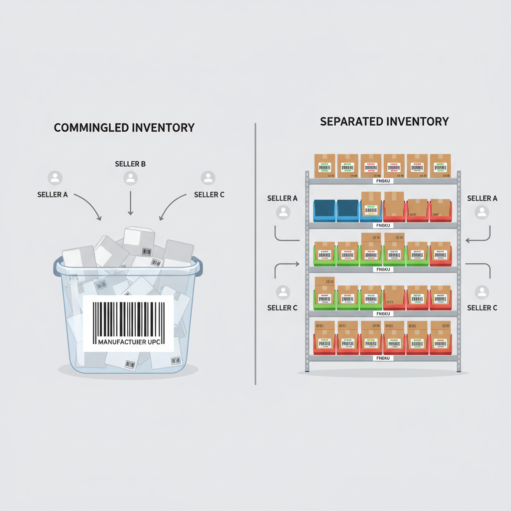 Split-screen visual showing commingled inventory with UPC versus separated bins labeled with FNSKU per seller