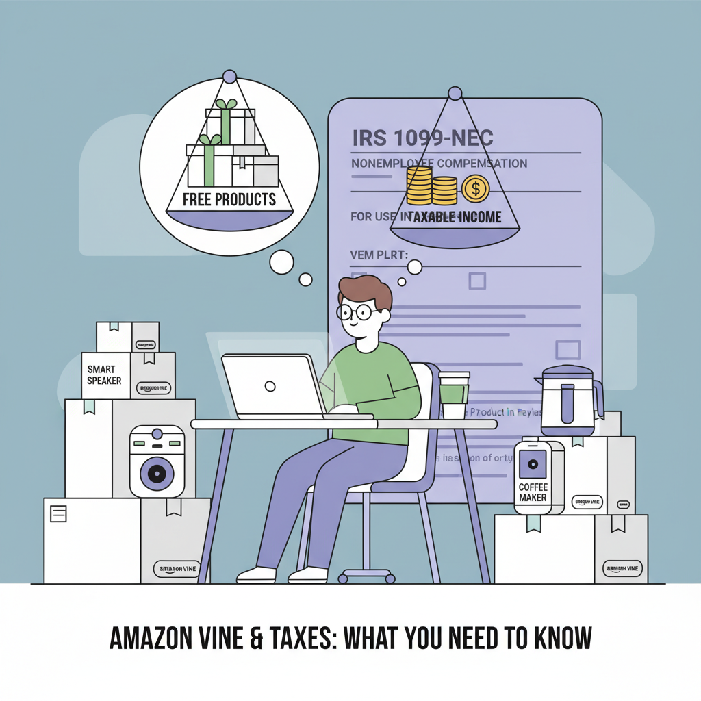 Amazon Vine reviewer comparing free products with IRS tax form on a scale