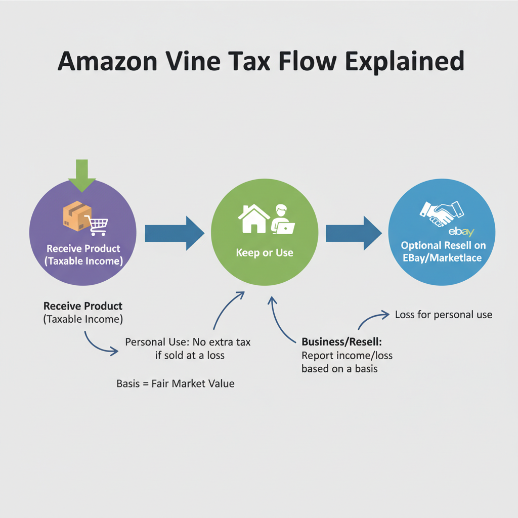 Infographic-style flow of Amazon Vine tax process from receiving products to possible resale