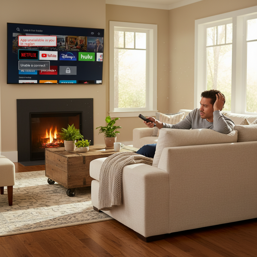 Frustrated person on couch looking at Fire TV home screen with some streaming apps unavailable