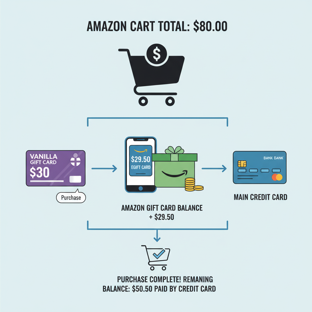 Infographic showing split payment using a Vanilla card, Amazon eGift card, and main credit card