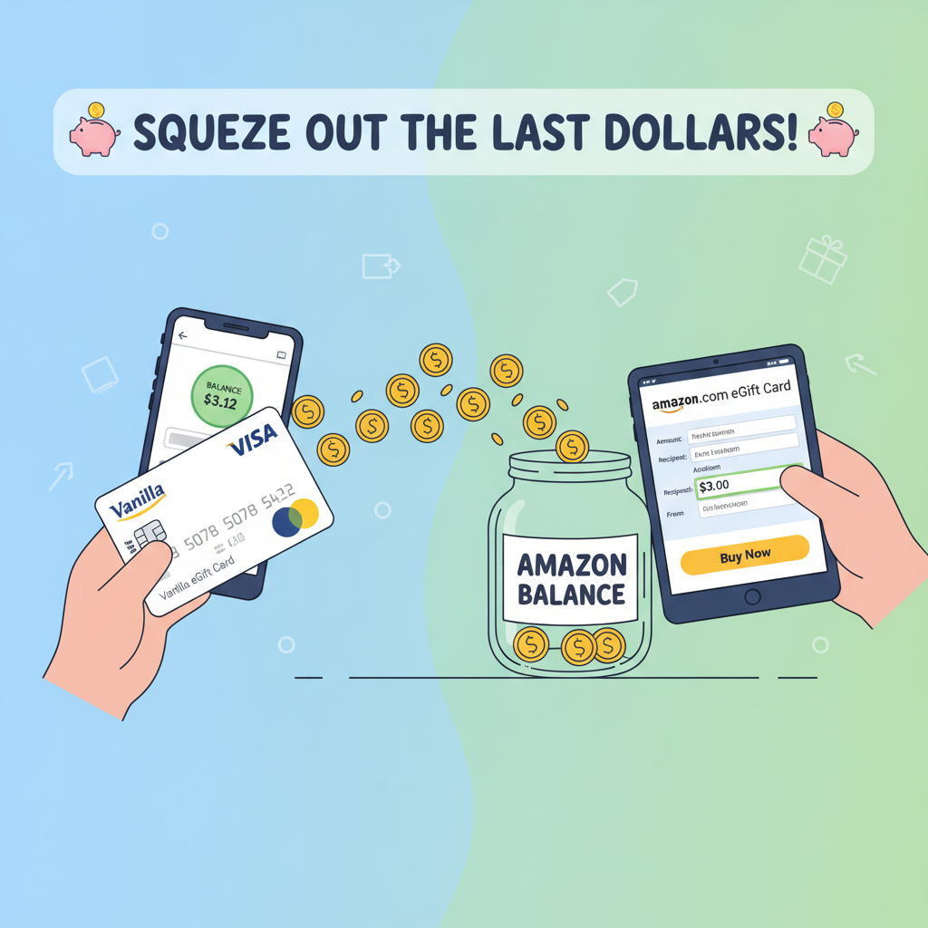 Infographic showing steps to convert a Vanilla gift card into Amazon eGift card balance