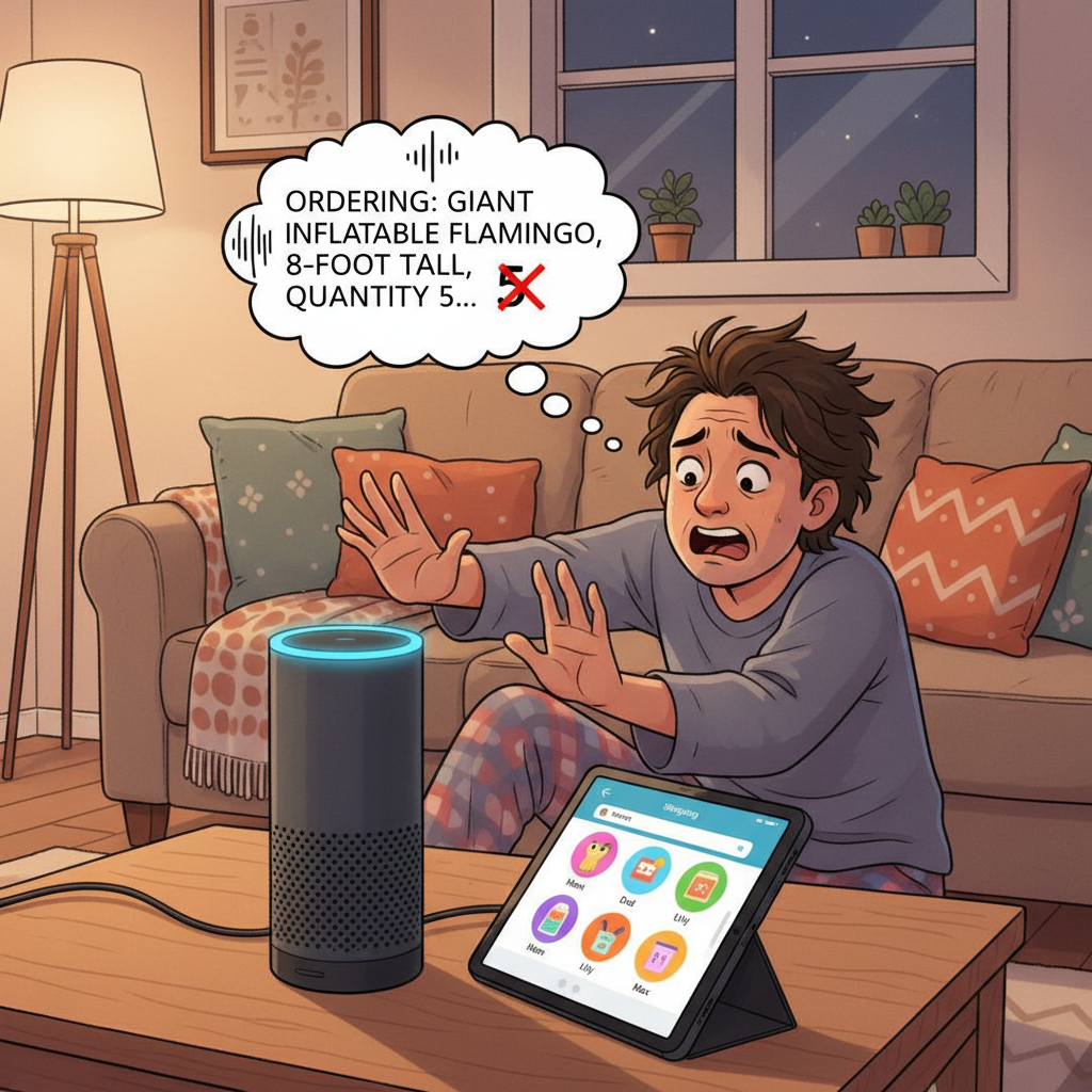 Illustration of Alexa smart speaker and shared devices leaking Amazon shopping info