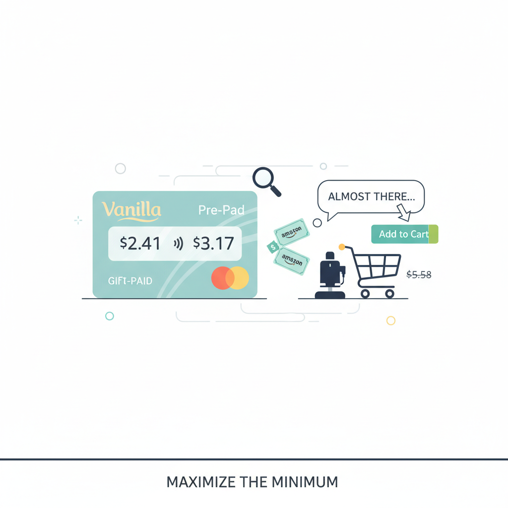 Minimal illustration focusing on tiny leftover Vanilla card balances and converting them into small Amazon eGift cards or cheap items