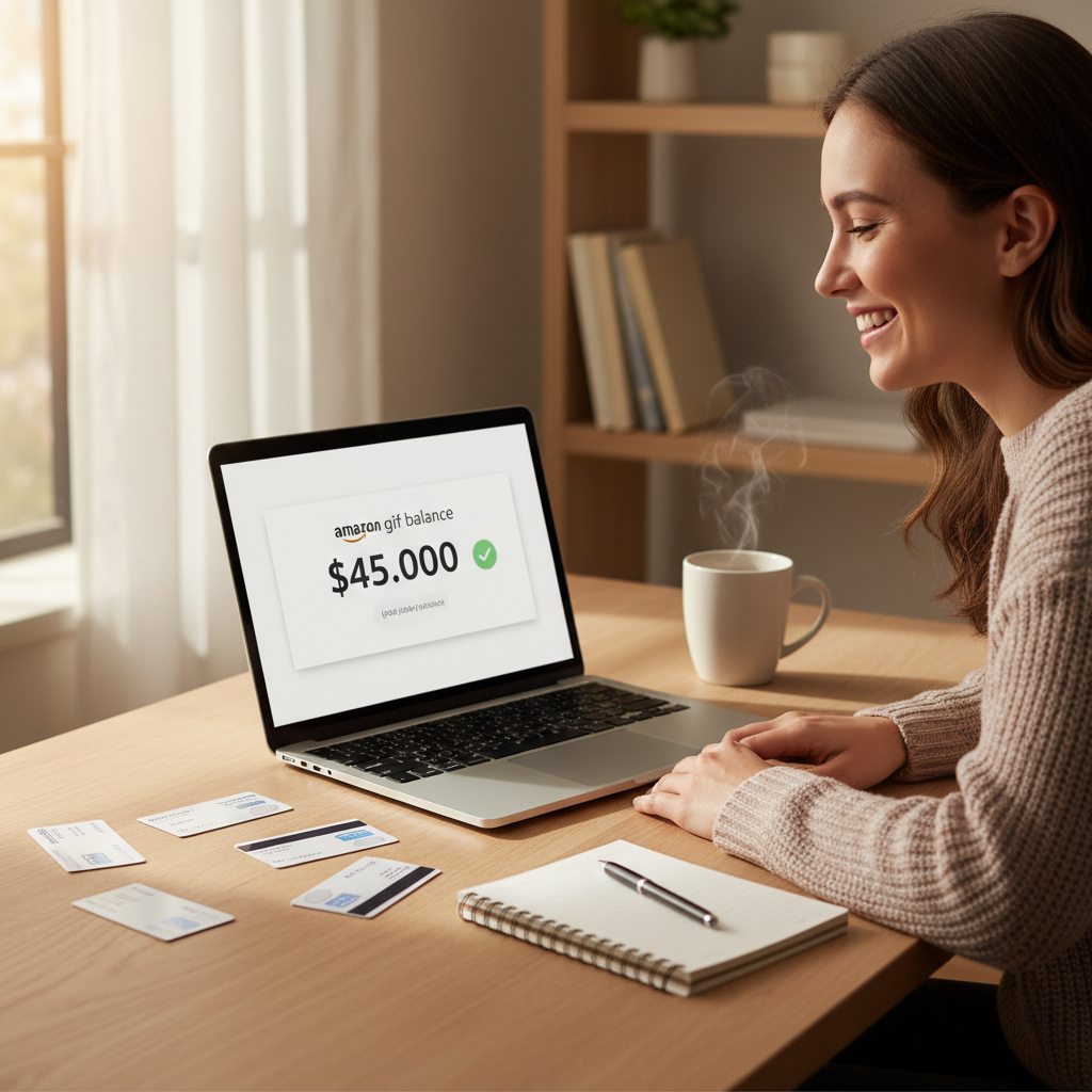 Person at a home office happily viewing a strong Amazon gift card balance with several used Vanilla cards on the desk