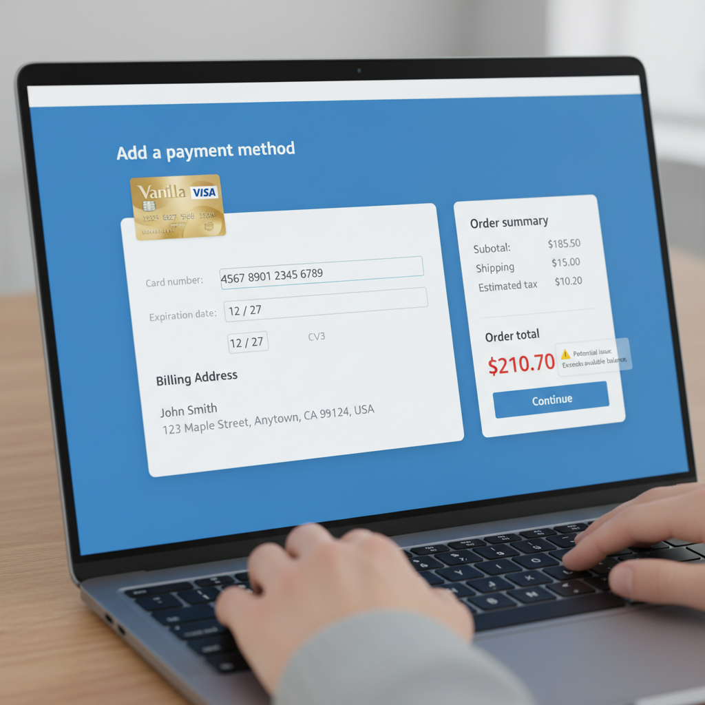 Amazon checkout page on a laptop where a user is adding a Vanilla Visa as a new payment method and seeing potential decline warnings
