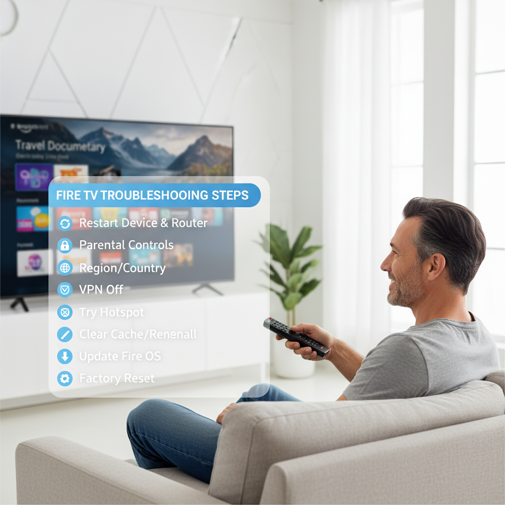 Calm user relaxing on couch with Fire TV checklist of troubleshooting steps beside TV